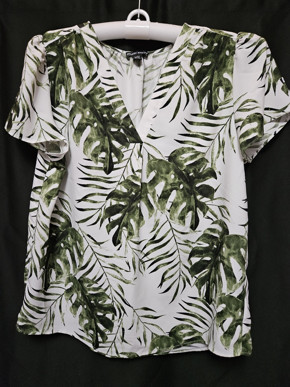 Hilary Radley White Blouse with Green Tropical Leaf Print